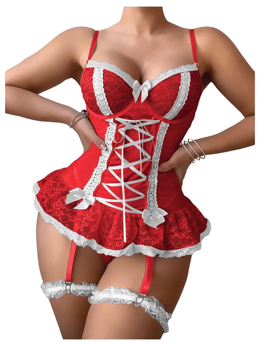 3007 Lingerie Sets Sexy Rave Outfits Lace Up Corset Bodysuit with Garter 2